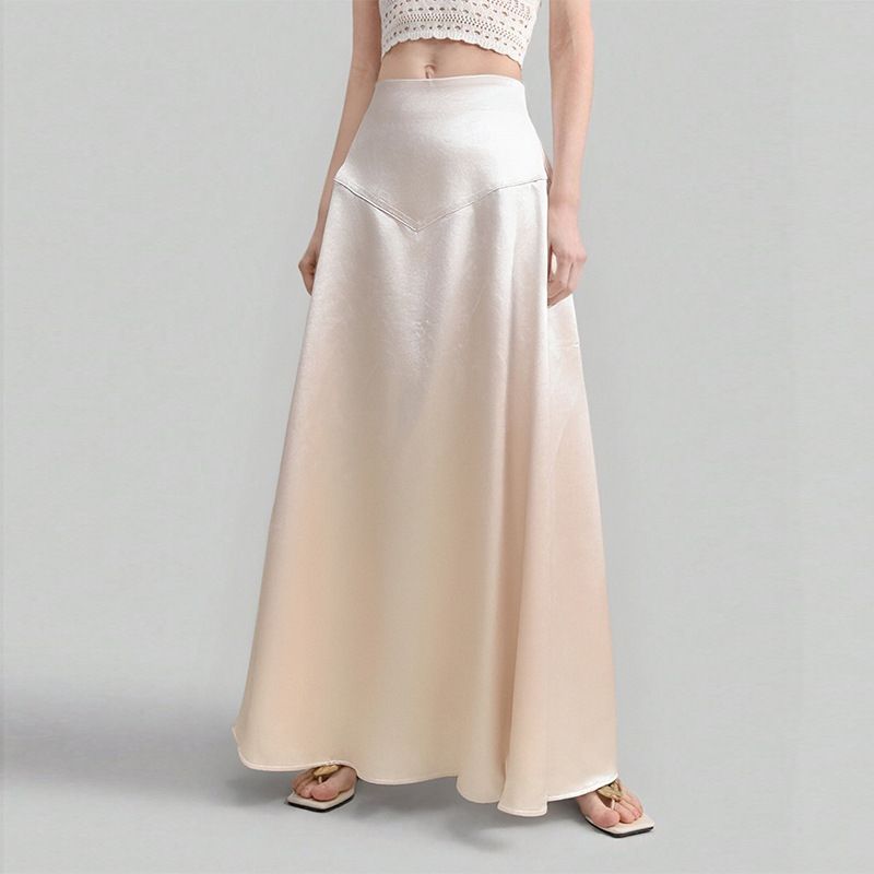 Elegant Satin A-Line Maxi Skirt For Women, High Waist Flowy Straight Long Skirt With Slit, Polyester Blend Skirt For Fall And Formal Occasions_ecoleips.com
