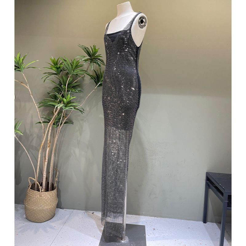 Women’s Clothing Glittery Look Fashion Diamond Dress Long Vest Dress Hot Diamond V Neck Net Celebrity Beach Wear Nightclub Clothing Trend_ecoleips.com