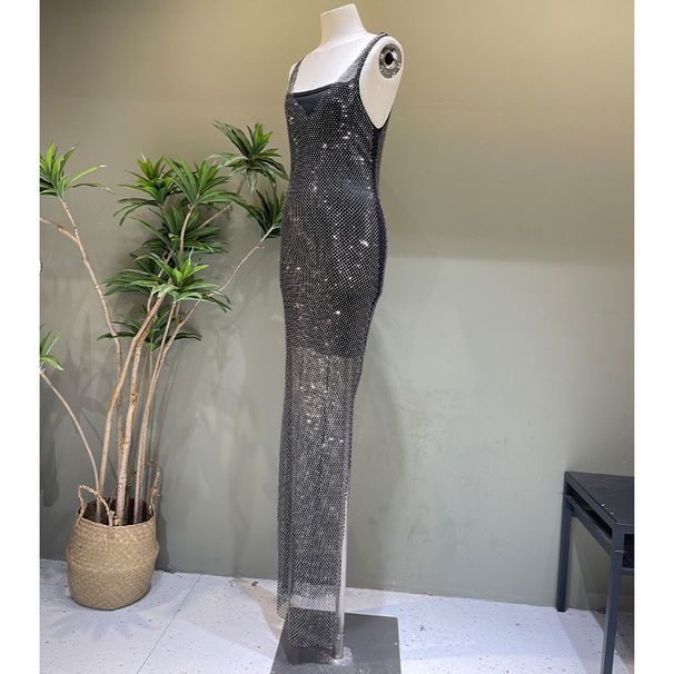Women’s Clothing Glittery Look Fashion Diamond Dress Long Vest Dress Hot Diamond V Neck Net Celebrity Beach Wear Nightclub Clothing Trend_ecoleips.com