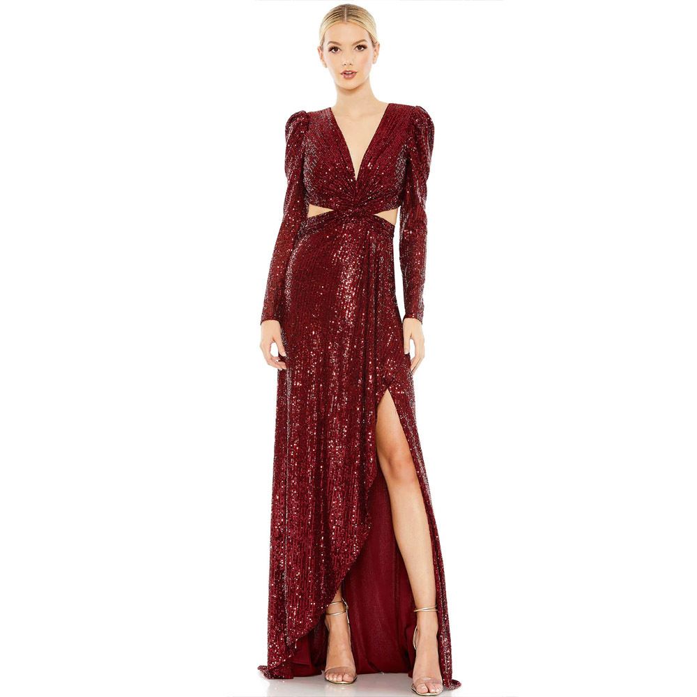Women's Clothing Women's Solid Color Sequined Evening Dress European American Style V Neck Mid Sleeve Tie Up Bodycon For Party Wear_ecoleips.com