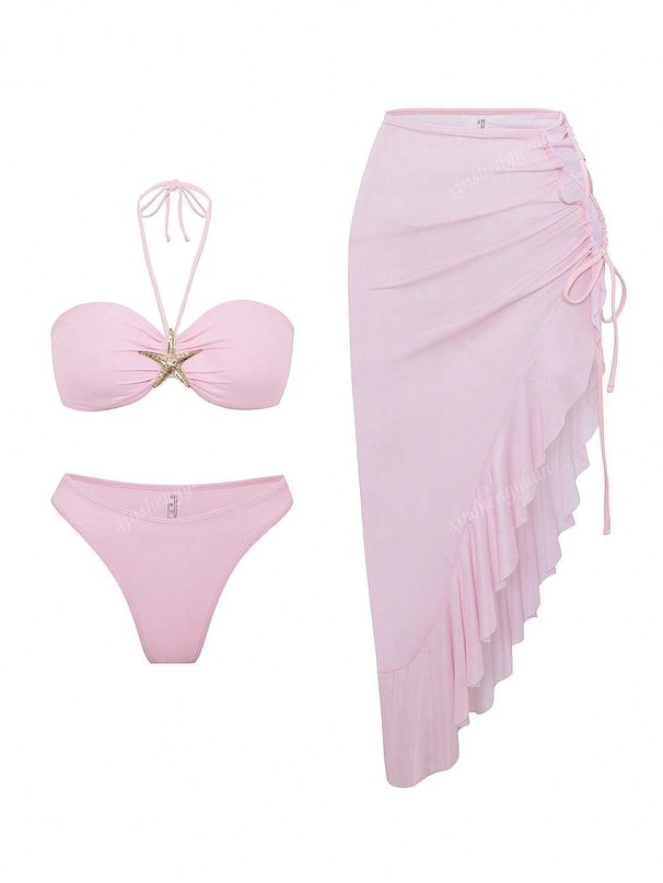 Women's Clothing American Style Three Piece Swimsuit Sexy Two Piece Set With Short Skirt For Beach Vacation Polyester Bikini_ecoleips.com