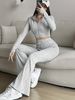 Fashion Solid Color Ribbed Two-Piece Zipper Long Sleeve Short Top And High Waist Flared Pants Set Women's Casual_ecoleips.com