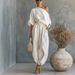 Women's Loose Fitting Wide Leg Casual Top And Lantern Pants Set American Style Spring Collection Cotton Linen Blend_ecoleips.com