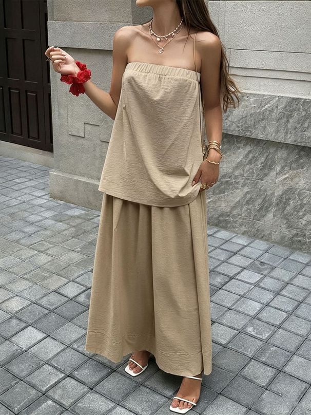 Women's Clothing Women's Fashion Casual Loose Sleeveless Midi Skirt Set Solid Color Summer High End Skirt Set_ecoleips.com