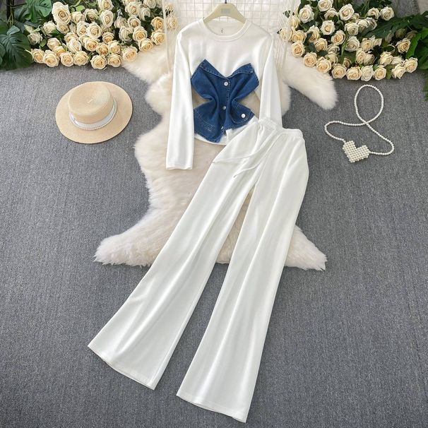 Stylish Chic Two-Piece Denim Long Sleeve T-Shirt With High-Waist Flare Pants Set - Slimming & Trendy Outfit For Women (White/Black, M-3xl)_ecoleips.com