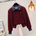 Fashionable Winter Outfit Set - Fleece-Lined Polo Collar Long Sleeve Top With Retro Elastic Waist Drawstring Jeans, Casual Comfort Two-Piece Ensemble_ecoleips.com