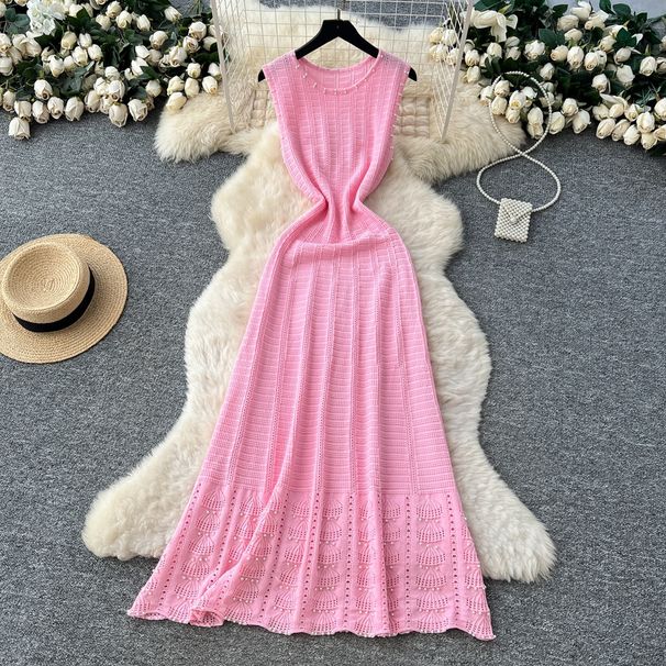French Style Beaded Maxi Dress round Neck Sleeveless Slimming A-Line Knit High End Dress_ecoleips.com