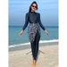 Women's Clothing Conservative Muslim Women's One-Piece Swimsuit Long Sleeve Tight Print Separate Long Pants Swimming Suit High Elasticity Polyester_ecoleips.com