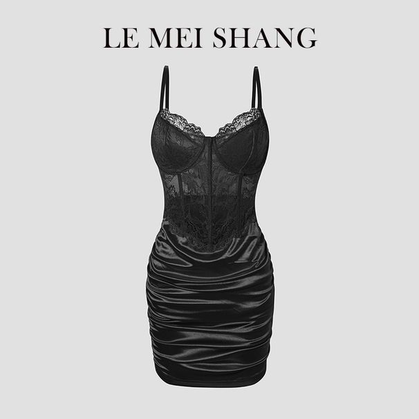 Cro-Border Summer European And American Style Sexy Strap Bodycon Underwire Fihbone Elegant Slim Lace Solid Color_ecoleips.com