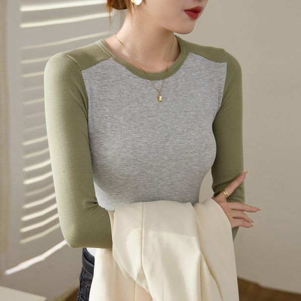 2025 High Quality Elastic Thread Cotton Color Blocked Long Sleeved T-Shirt For Women In Autumn And Winter 2025, Slim Fit_ecoleips.com