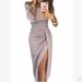 Aria Basics Aria Basics European And American Women's Bodycon Slit Off-Shoulder Shiny Evening Gown Dress_ecoleips.com
