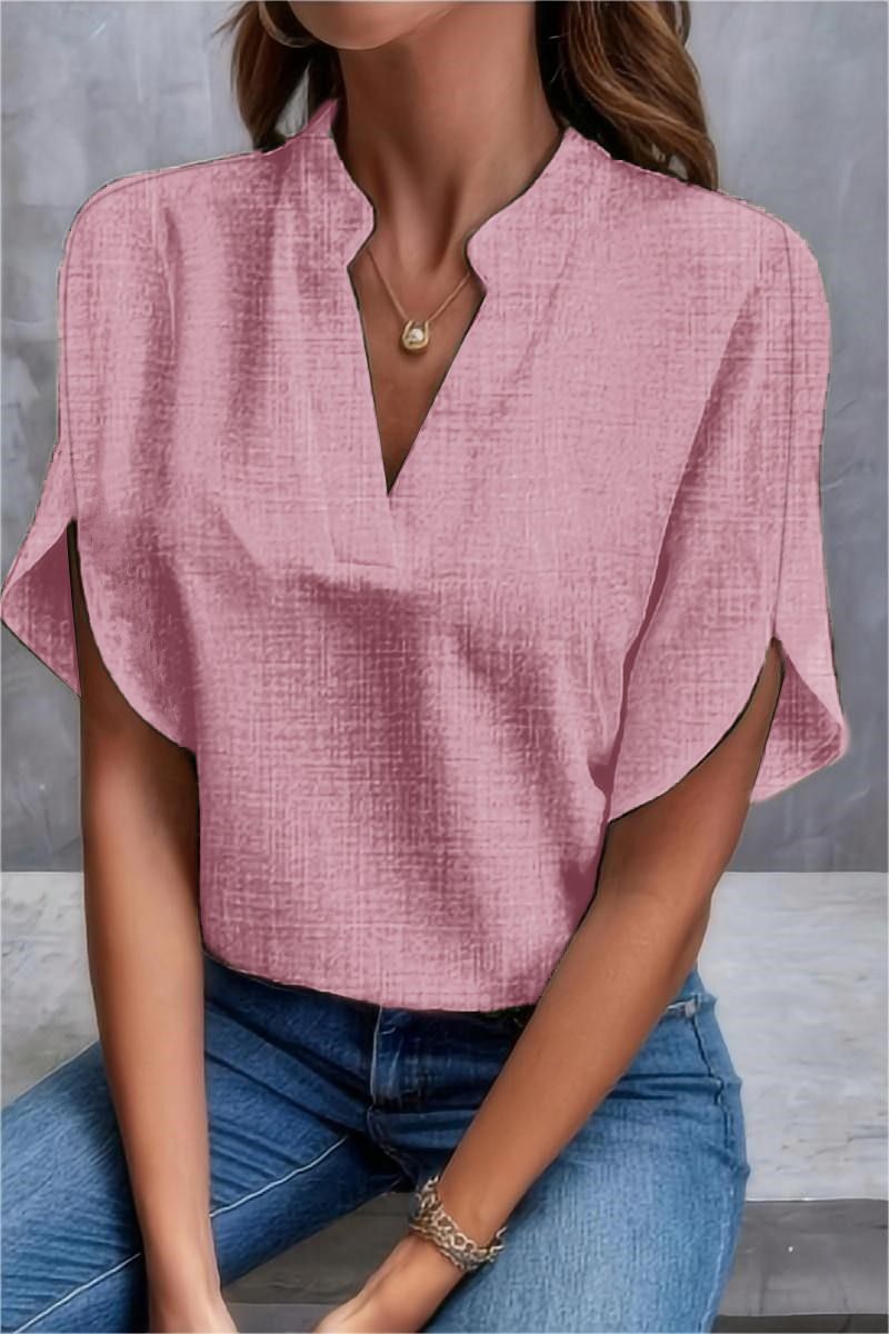 Women's Clothing 2025 Summer Solid Color V-Neck Off-Shoulder Loose Linen Shirt Top For Women_ecoleips.com