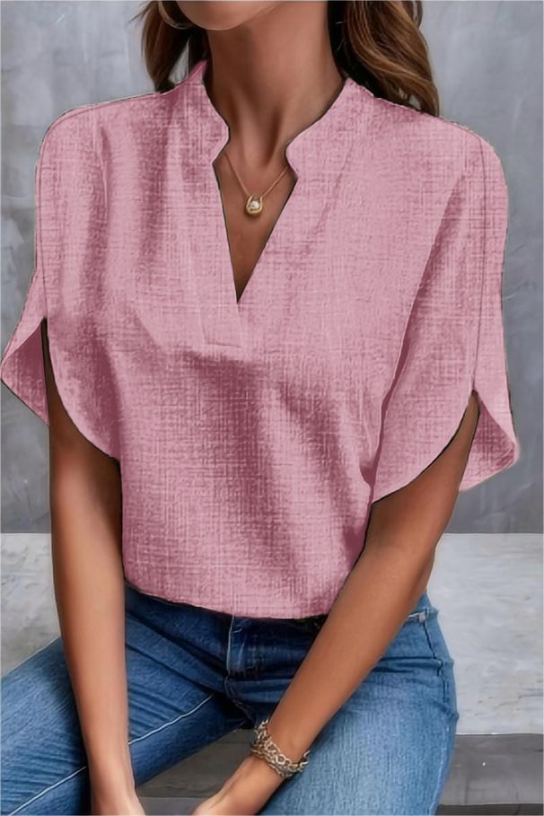 Women's Clothing 2025 Summer Solid Color V-Neck Off-Shoulder Loose Linen Shirt Top For Women_ecoleips.com