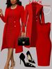 Plus Size Elegant Two Piece Suit Set Blazer And Fitted Sleeveless Dress Solid Color Spring/Autumn Wear_ecoleips.com