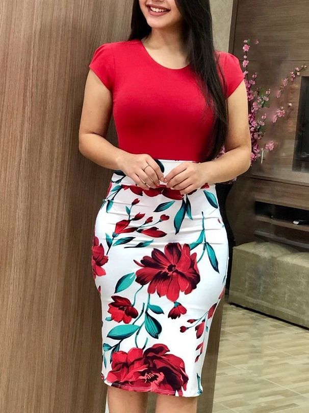 Women's Color Block Floral Bodycon Midi Dress – Plus Size Slim Fit Casual Fall Party Dress 2026_ecoleips.com