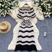 Women's Clothing Light Luxury High End Striped Knitted Dress V Neck Hollow Thin Breathable Slim Design Long Skirt_ecoleips.com