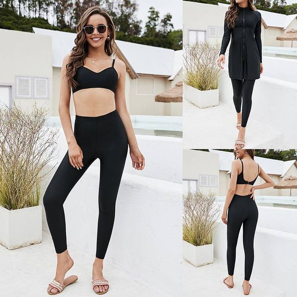 Women's Clothing Conservative Zipper Swimsuit Three Piece Set Full Coverage Sun Protection Top Tight Pants Split Swimsuit With Chest Pads_ecoleips.com