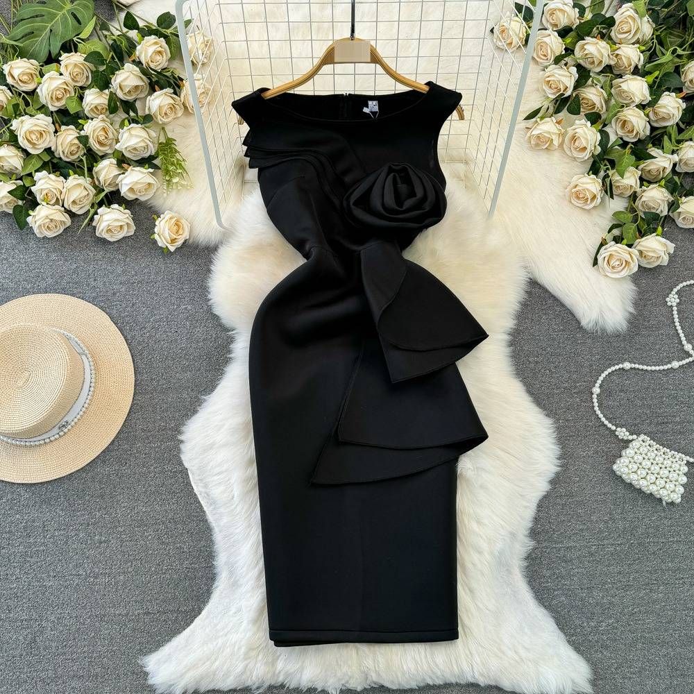 Elegant Off-Shoulder Slim Fit Bodycon Dress with 3D Floral Embroidery High Waist Midi Length Women's Clothing/Dress_ecoleips.com