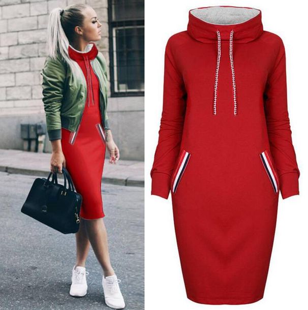 Women's Clothing Four Colors, Long Sleeved Turtleneck Sweatshirt Dress_ecoleips.com