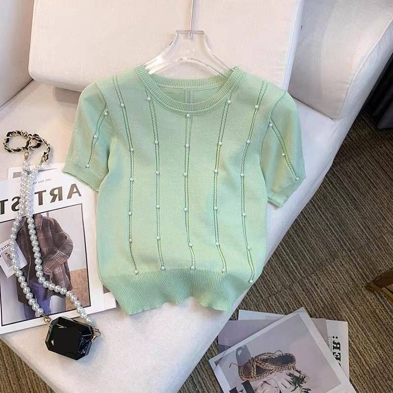 Women's Clothing Summer New Style Slim Fit Knitted T-Shirt Short Sleeve Stylish Design Versatile Niche Simple Top_ecoleips.com