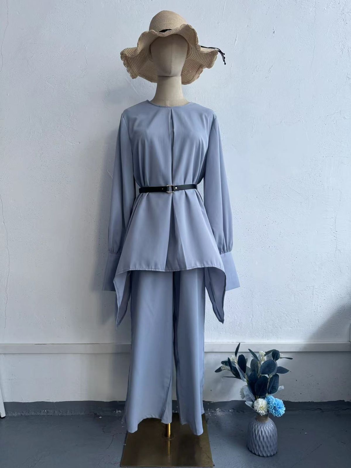 2025 Muslim Autumn Comfortable Casual Waist-Cinching Batwing Long Sleeve Solid Color Set_ecoleips.com
