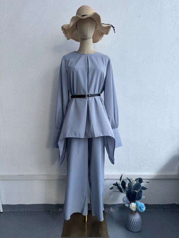 2025 Muslim Autumn Comfortable Casual Waist-Cinching Batwing Long Sleeve Solid Color Set_ecoleips.com