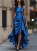 New Style Satin V-neck Sleeveless Ruffled Elegant Dress For Women Summer Fashion Solid Casual Holiday Party Dresses Robe Femme_ecoleips.com