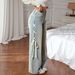 Women's Clothing Women's Peacock Blue Wide Leg Jeans - High Waist Relaxed Fit With Side Ribbon Detail_ecoleips.com