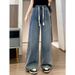 Navy Blue Denim Set: Oversized Hoodie With Sailor Collar & High-Waisted Wide-Leg Jeans For Autumn_ecoleips.com