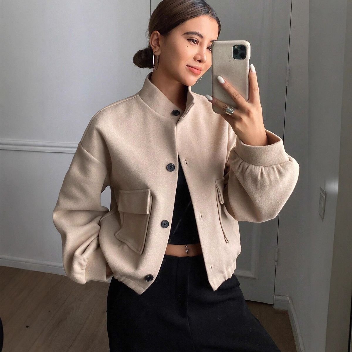 Women's Clothing Autumn Winter Women's Casual Short Wool Blend Coat With Stand Collar & Single Button Closure, Loose Fit, Long Sleeve, Outerwear_ecoleips.com