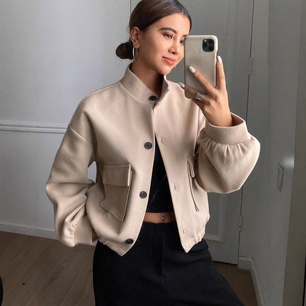 Women's Clothing Autumn Winter Women's Casual Short Wool Blend Coat With Stand Collar & Single Button Closure, Loose Fit, Long Sleeve, Outerwear_ecoleips.com