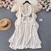 Elegant French-Chic Dress With Intricate Beading, Metal Buttons, Square Neckline & Lace Inserts – Flowy Pleated Midi Dress For Women_ecoleips.com