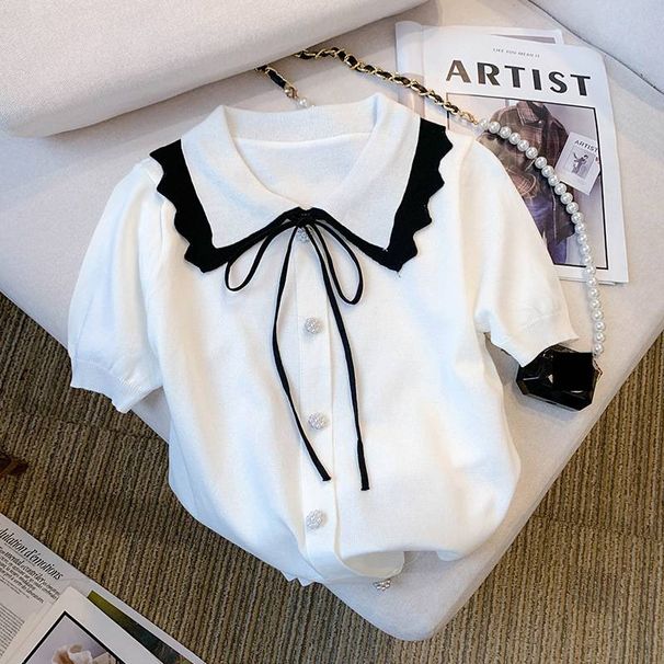 Women's Clothing Women's Ice Silk Knitwear T-Shirt With Peter Pan Collar Summer Autumn Design Short Sleeved Bow T-Shirt_ecoleips.com