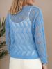 Women's Blue Hollow Out Knit Sweater Round Neck Long Sleeve Lightweight Casual Pullover For Spring And Autumn_ecoleips.com