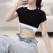 Short Sleeved Women's Cotton Short Sleeved Straight Shoulder Top With Exposed Navel Sexy Slim T Shirt Student Sports Suit Vest Sexy_ecoleips.com