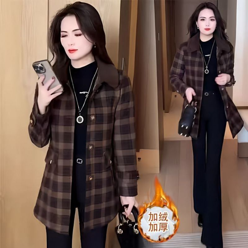 girl Hot-Selling Plaid Wool Coat For Women, Mid-Length, Winter New Fashionable Fleece-Lined Thickened Woolen Overcoat_ecoleips.com