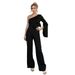 Voya Women's Black Single-sided Off Shoulder Diagonal Neck Pearl Trimmed Loose Hanging Straight Leg Pants With A Stylish Commuting Jumpsuit_ecoleips.com