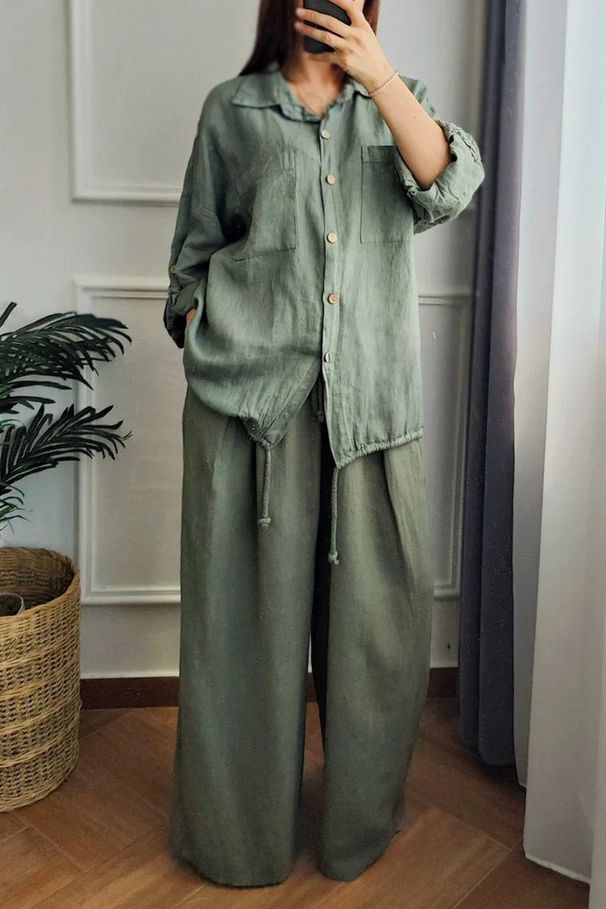 Women's Clothing Casual Loose Cotton And Linen Solid Color Shirt Button Wide Leg Pants 2 Piece Set_ecoleips.com