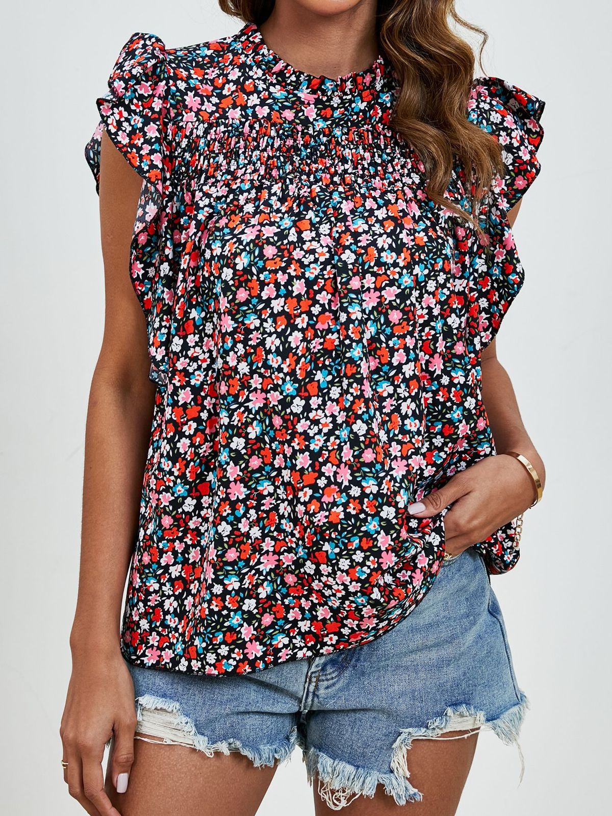 Women's Ruffled Collar, Puff Sleeves, Loose Casual Printed Top_ecoleips.com