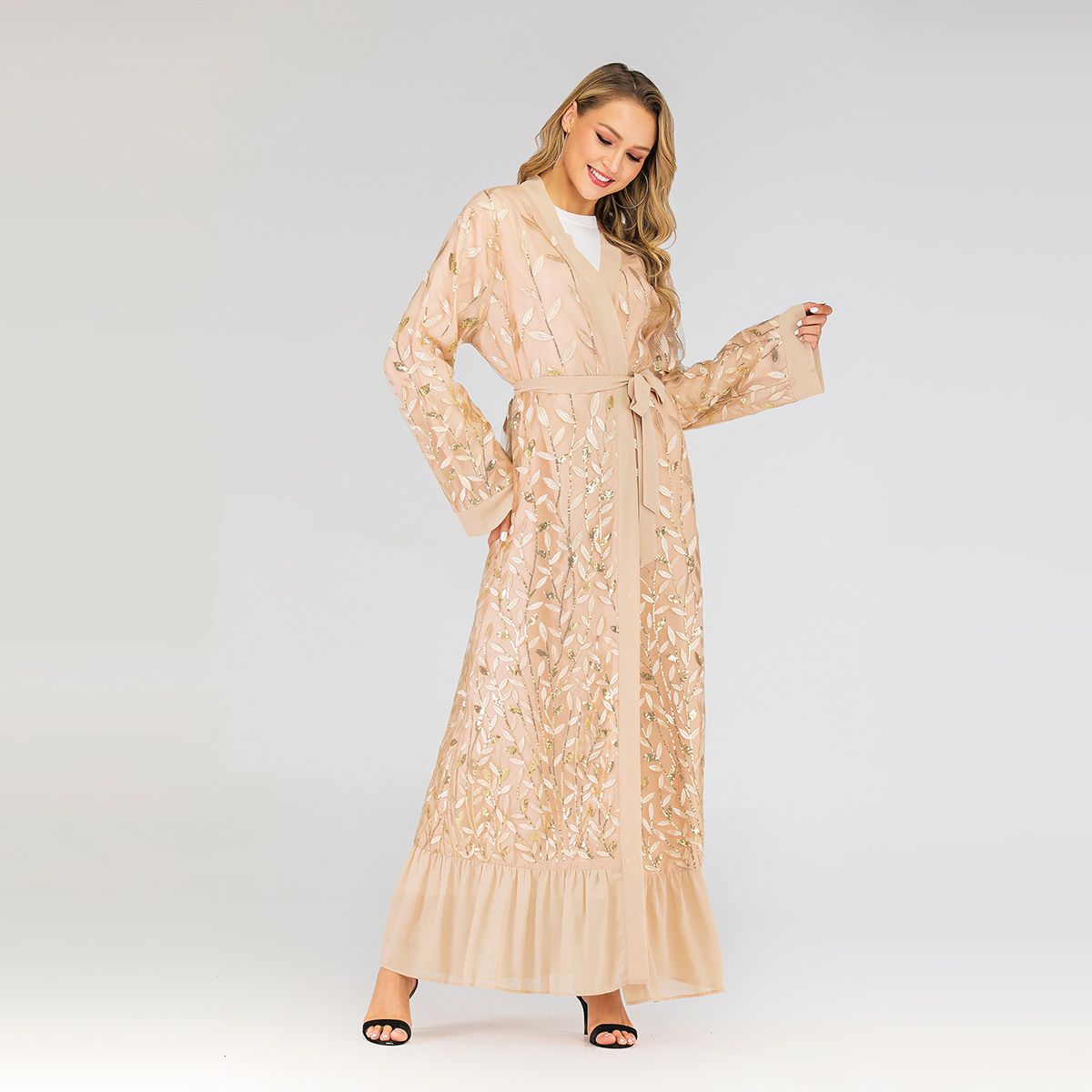 Fashionable Women's Lace Cardigan Leaf Embroidery Sequins Muslim Fashion New 1711_ecoleips.com