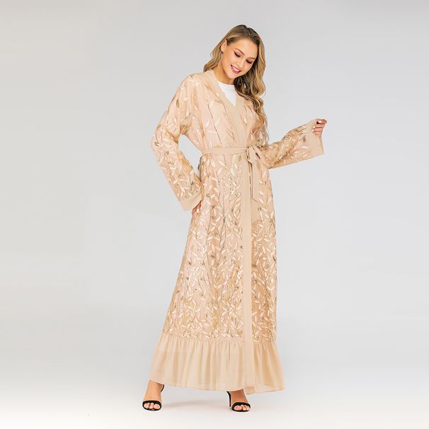Fashionable Women's Lace Cardigan Leaf Embroidery Sequins Muslim Fashion New 1711_ecoleips.com
