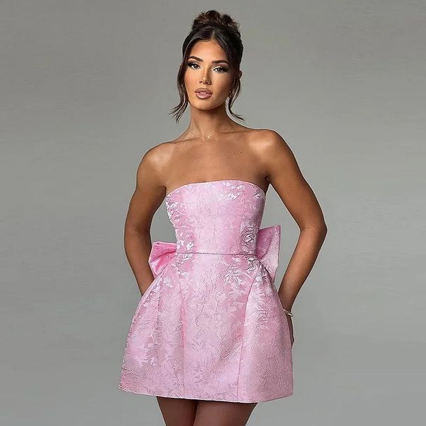 Cross-Border Summer New European And American Women's Fashion Elegant Sexy Solid Color Jacquard Strapless Bow Dress_ecoleips.com