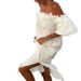 Women's clothing one-shoulder sexy puff sleeve solid color lace holiday beach dress_ecoleips.com