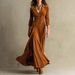 Elegant Button-Down Midi Dress With Notched Collar & 3/4 Sleeves – High Waist Flowy A-Line Skirt – Solid Brown (S-Xxl)_ecoleips.com
