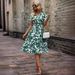 Women's Spring/Summer Short Sleeve V Neck Dress Leaf Print Full Skirt Waist Cinching Fairy Dress_ecoleips.com