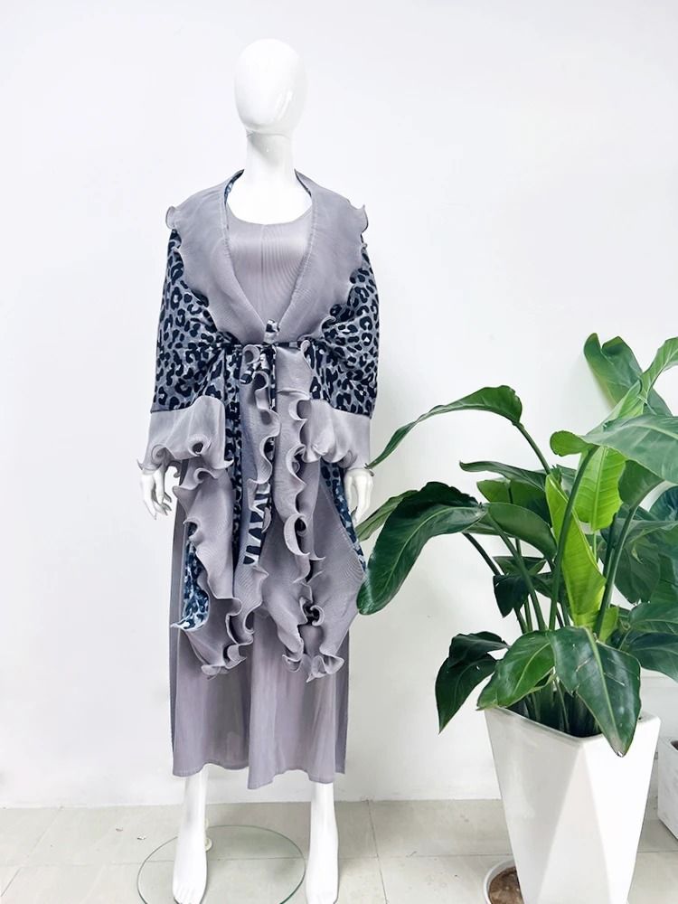 Women's Clothing Plus Size Clothes Pleated Print Cape Sleeveless Vest Two Piece Set Summer Thin Polyester Beach Style Casual Dress_ecoleips.com