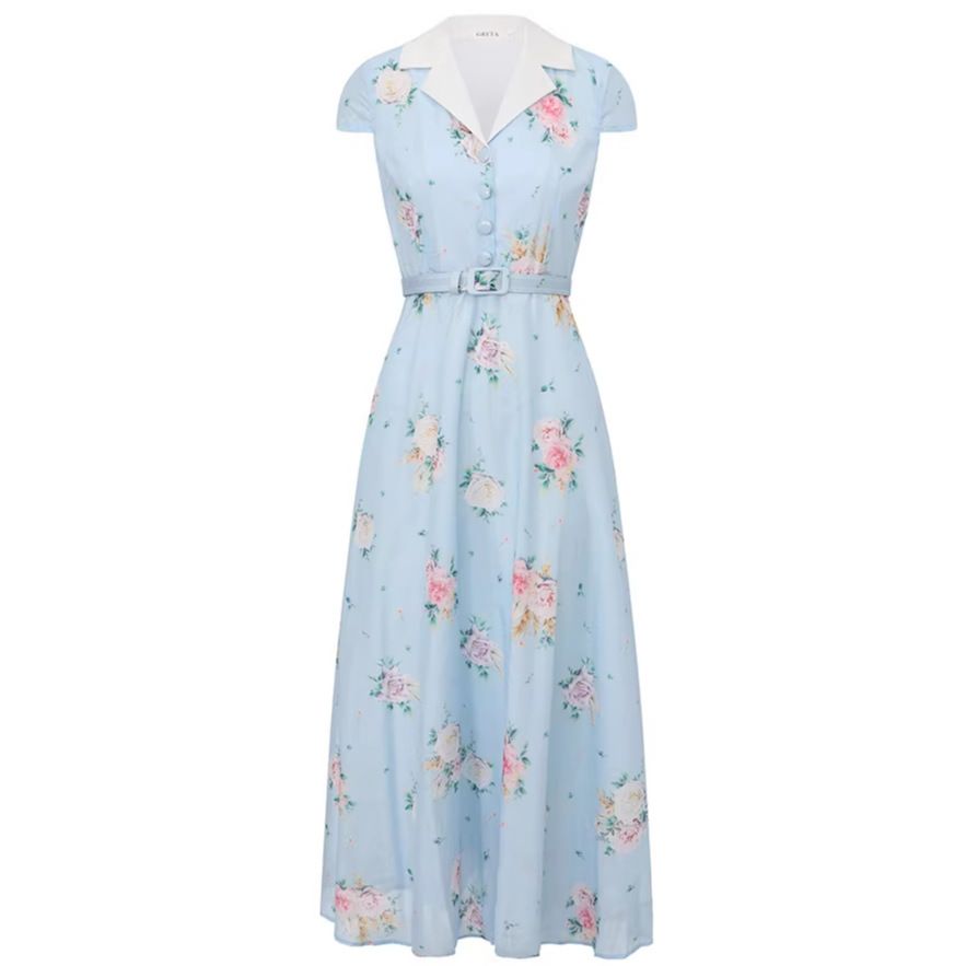 Vintage Floral Sundress – V-Neck Sleeveless A-Line Maxi Dress With Waist Seam (S-Xxl, Beige/Blue, Boho Summer Dress)_ecoleips.com