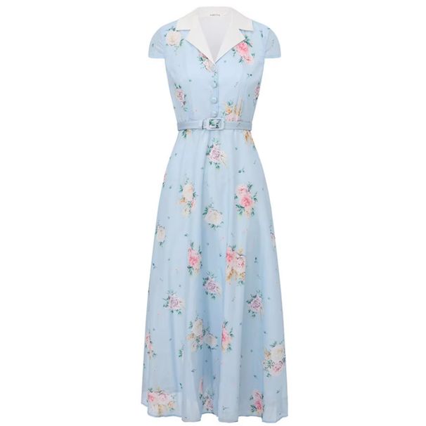 Vintage Floral Sundress – V-Neck Sleeveless A-Line Maxi Dress With Waist Seam (S-Xxl, Beige/Blue, Boho Summer Dress)_ecoleips.com