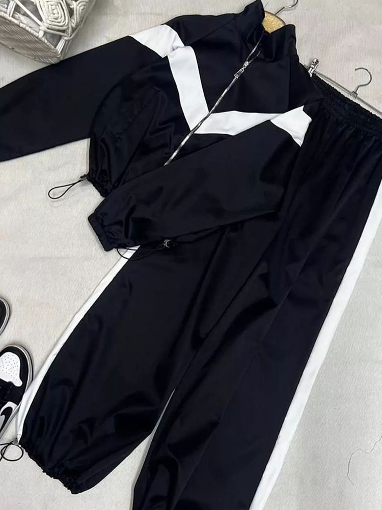 Voya Women's Retro Track Suit Set – Beige & Brown Color Block Zip-Up Jacket + Loose Joggers, Streetwear Style, Casual Oversized Fit, EU Fashion_ecoleips.com