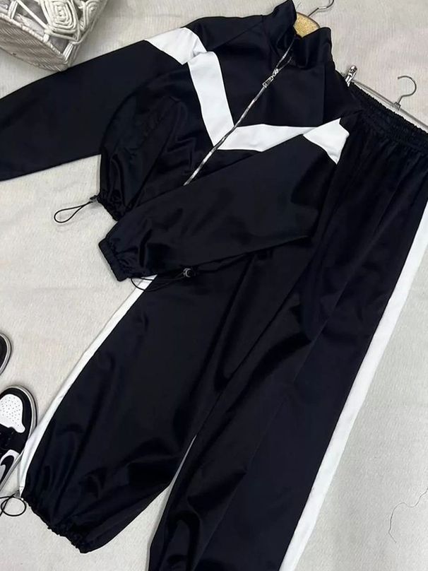 Voya Women's Retro Track Suit Set – Beige & Brown Color Block Zip-Up Jacket + Loose Joggers, Streetwear Style, Casual Oversized Fit, EU Fashion_ecoleips.com